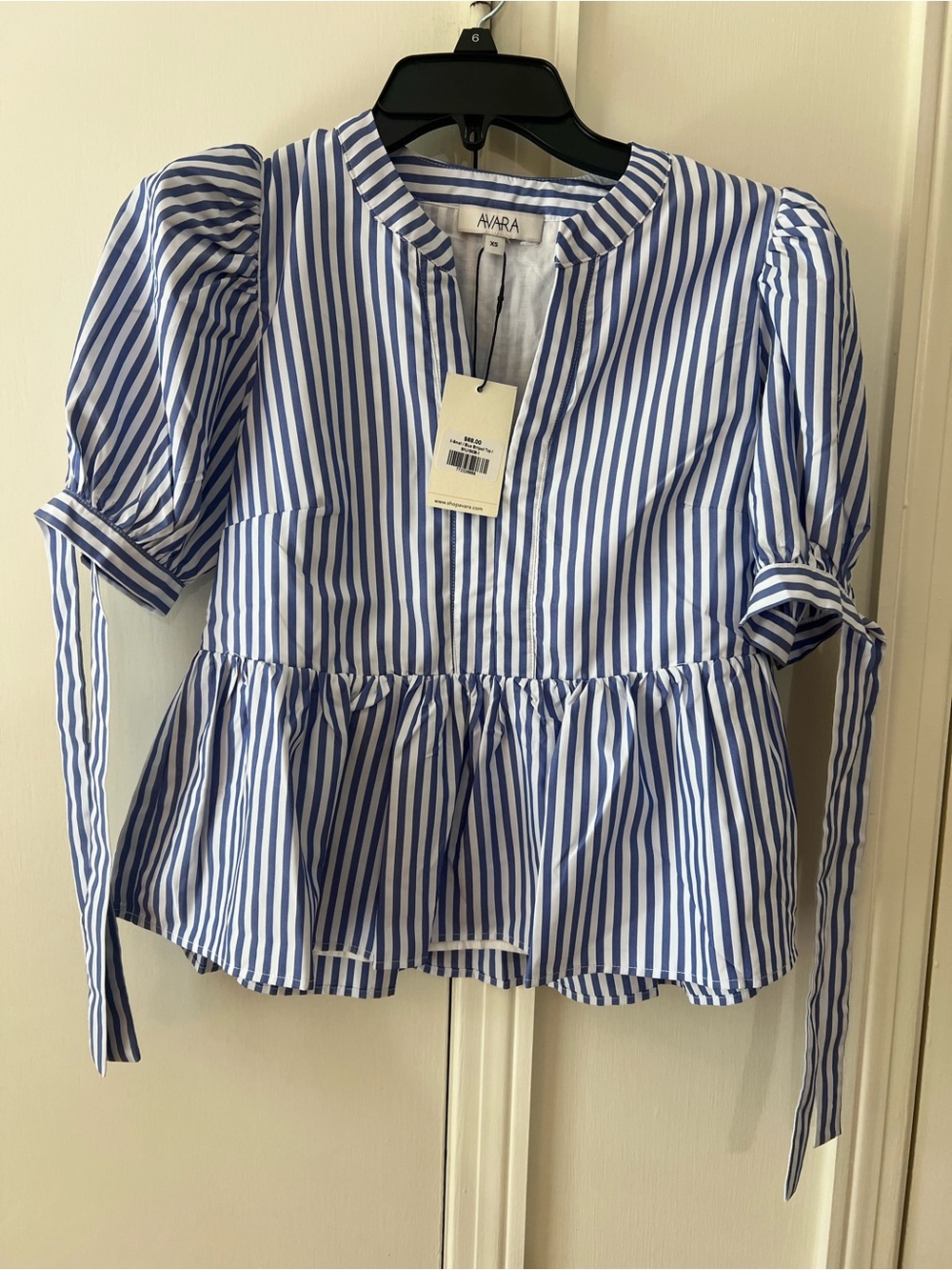 AVARA Blue & White Striped Peplum Puff-Sleeve Top